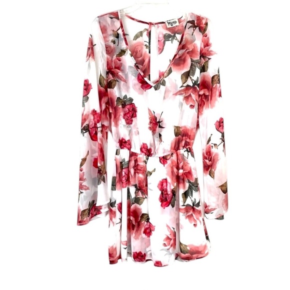 Show Me Your Mumu Roses Floral Pink Red White Dress Large Bell Sleeves Large - Picture 1 of 15